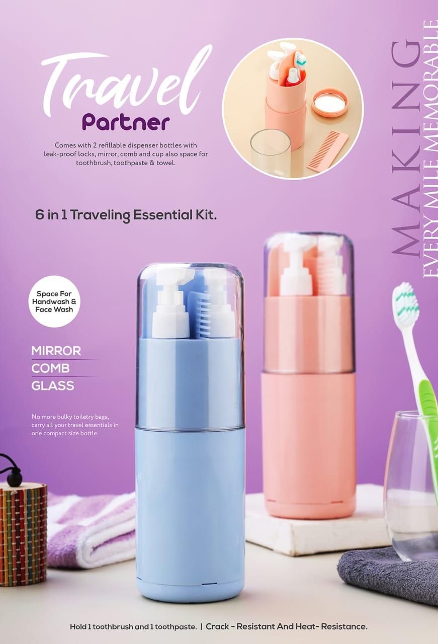 6-in-1 Travel Kit – Portable Toothbrush & Toiletry Organizer with Leak-Proof Shampoo Dispenser, Comb, Mirror & Towel Slot (Assorted Color)