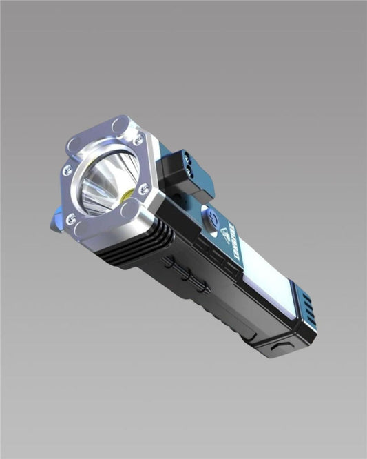 Portable Rechargeable LED Flashlight – 4-in-1 Emergency Torch with Power Bank, Safety Hammer, Window Breaker & Seatbelt Cutter