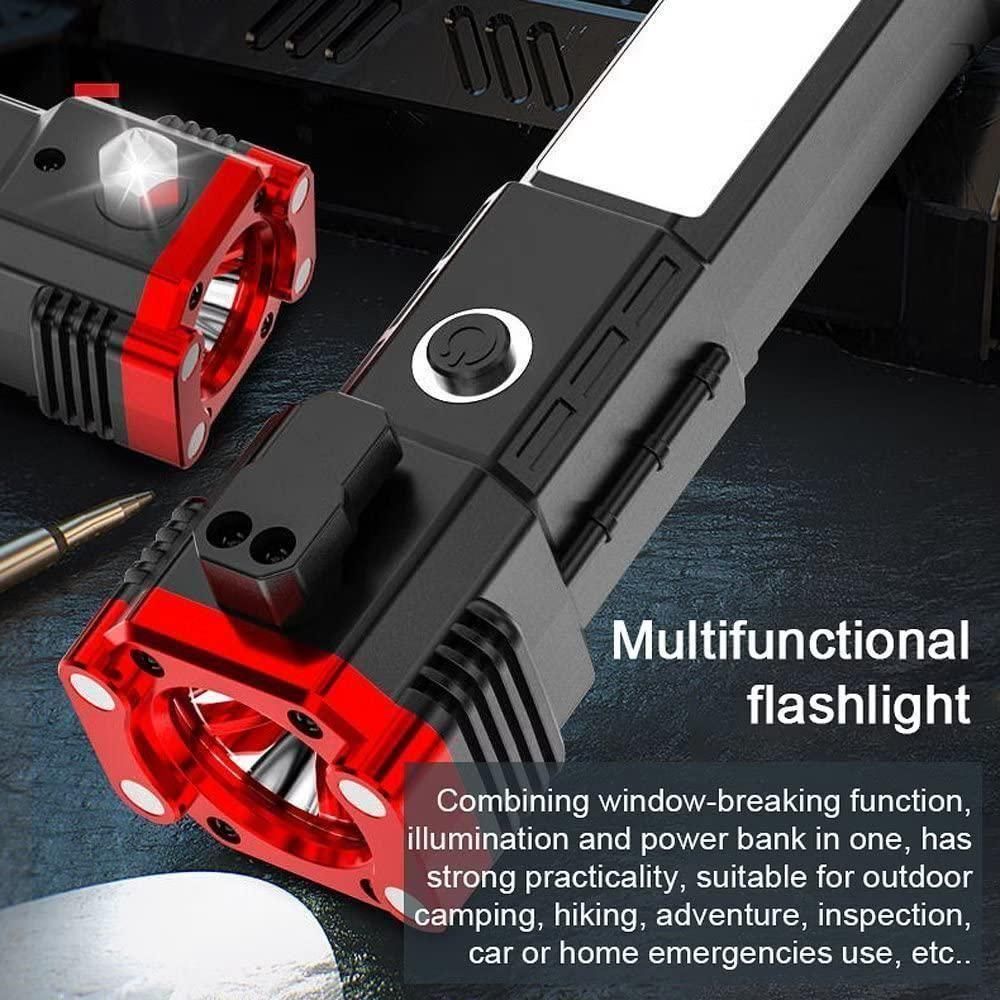 Portable Rechargeable LED Torch Flashlight – Emergency Power Bank with Safety Hammer & Magnetic Base (Multifunctional Tool)