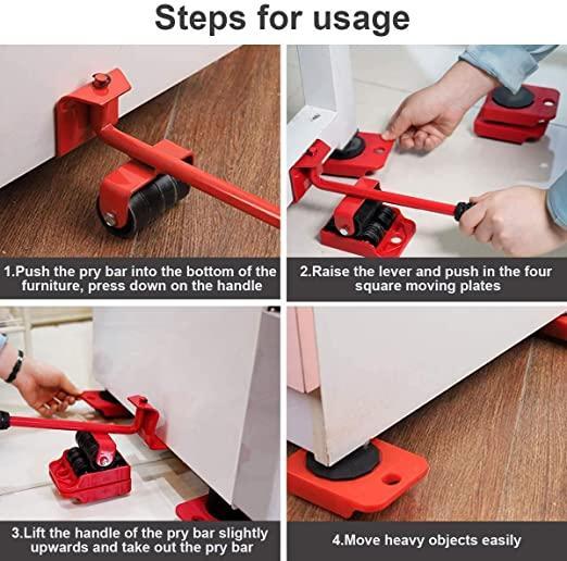 Furniture Lifter & Mover Tool Set – Heavy Duty Lifting & Shifting Kit with 360° Wheel Pads (5-Piece Set)