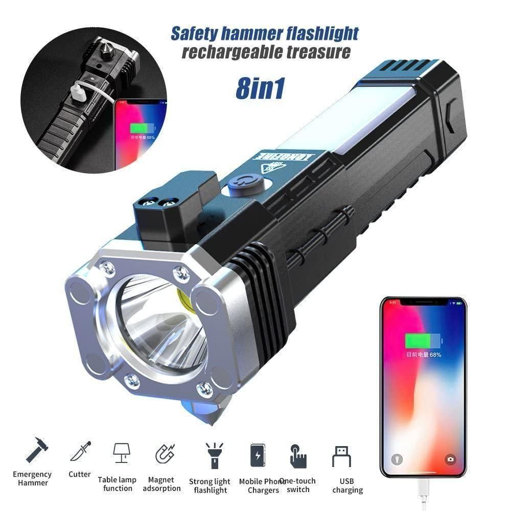 Portable Rechargeable LED Flashlight – 4-in-1 Emergency Torch with Power Bank, Safety Hammer, Window Breaker & Seatbelt Cutter