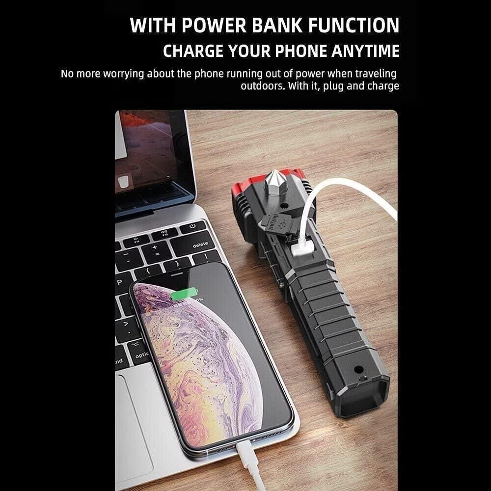 Portable Rechargeable LED Torch Flashlight – Emergency Power Bank with Safety Hammer & Magnetic Base (Multifunctional Tool)