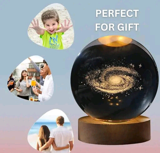 3D Galaxy Crystal Ball Night Lamp – Solar System Engraved LED Light with Wooden Base (Unique Gift for All Ages)