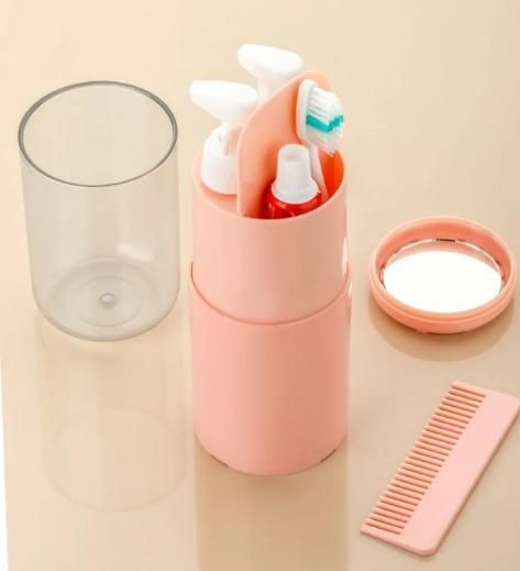 6-in-1 Travel Kit – Portable Toothbrush & Toiletry Organizer with Leak-Proof Shampoo Dispenser, Comb, Mirror & Towel Slot (Assorted Color)
