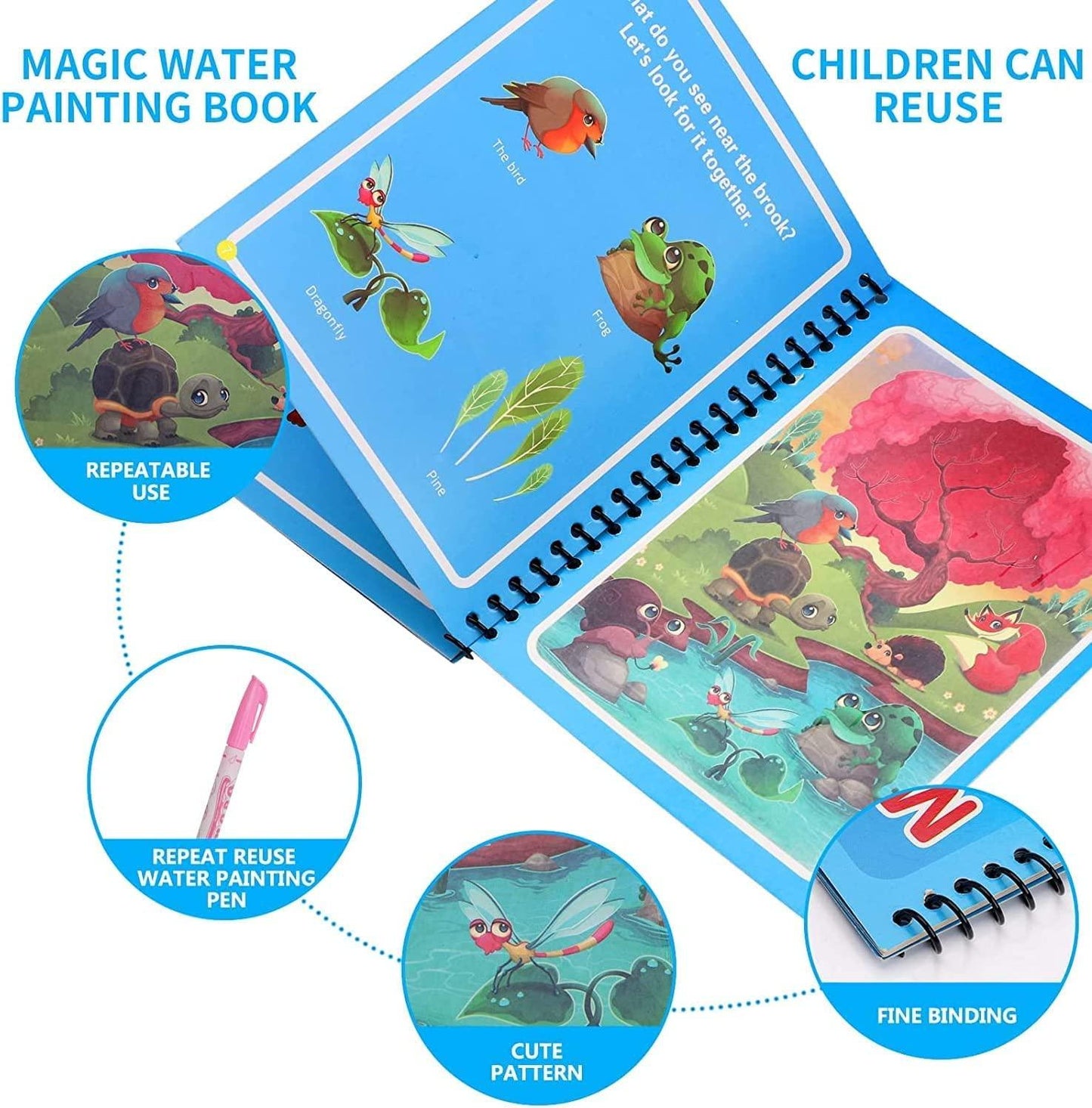 Reusable Magic Water Coloring Book – Quick Dry, Mess-Free Fun for Kids (Includes Magic Pen)