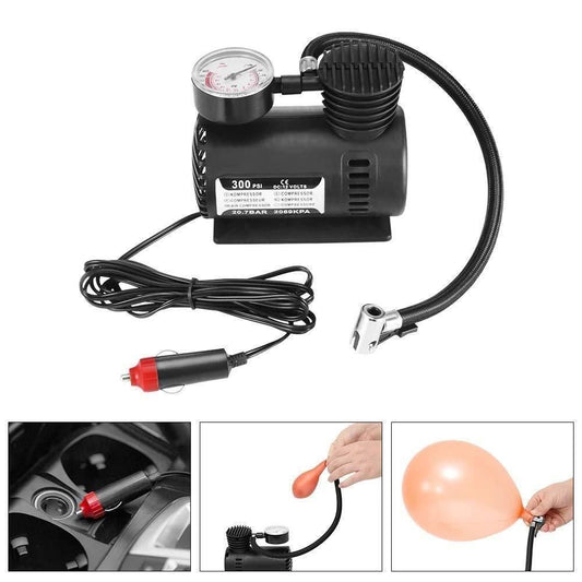 12V Multipurpose Car Air Compressor – Heavy-Duty Metal Body with Dial Gauge & 3 Inflation Adapters (140 PSI, 500g)