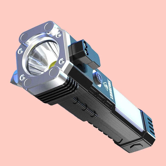 Portable Rechargeable LED Torch Flashlight – Emergency Power Bank with Safety Hammer & Magnetic Base (Multifunctional Tool)