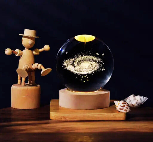 3D Galaxy Crystal Ball Night Lamp – Solar System Engraved LED Light with Wooden Base (Unique Gift for All Ages)