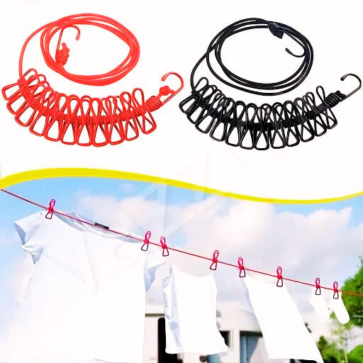 Portable Clothesline with 12 Clips – 1.8m Elastic Drying Rope for Travel, Outdoor & Home Use (Stainless Steel)