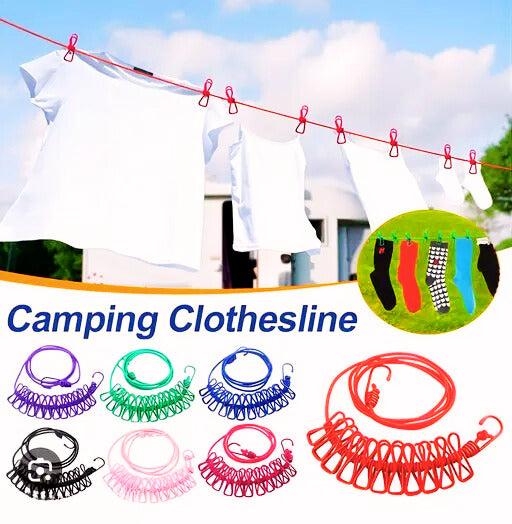 Portable Clothesline with 12 Clips – 1.8m Elastic Drying Rope for Travel, Outdoor & Home Use (Stainless Steel)