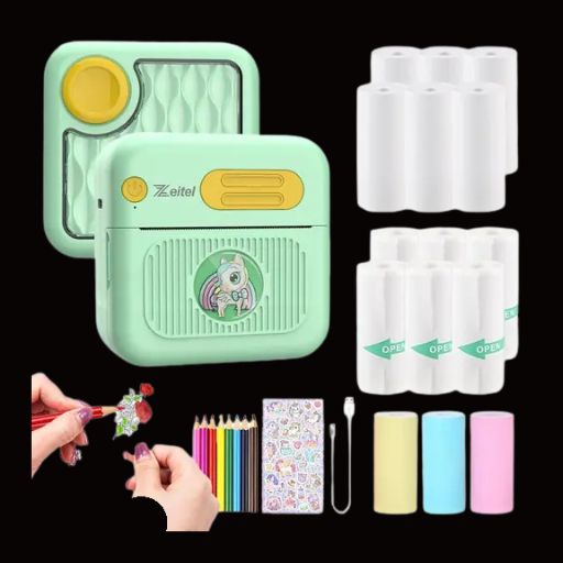 Unicorn Mini Bluetooth Thermal Printer – Ink-Free Pocket Label Printer with 15 Paper Rolls, 8 Colored Pencils & Stickers | Android & iOS Compatible
