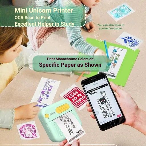 Unicorn Mini Bluetooth Thermal Printer – Ink-Free Pocket Label Printer with 15 Paper Rolls, 8 Colored Pencils & Stickers | Android & iOS Compatible