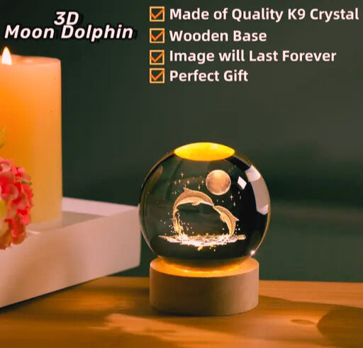 3D Glass Astronomy Night Lamp with Dolphin Design – Colorful LED Light Base for Home Décor & Gifting