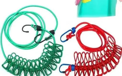 Portable Clothesline with 12 Clips – 1.8m Elastic Drying Rope for Travel, Outdoor & Home Use (Stainless Steel)