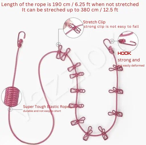 Portable Clothesline with 12 Clips – 1.8m Elastic Drying Rope for Travel, Outdoor & Home Use (Stainless Steel)