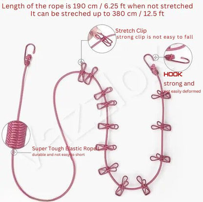 Portable Clothesline with 12 Clips – 1.8m Elastic Drying Rope for Travel, Outdoor & Home Use (Stainless Steel)