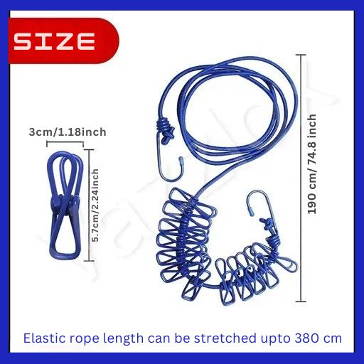 Portable Clothesline with 12 Clips – 1.8m Elastic Drying Rope for Travel, Outdoor & Home Use (Stainless Steel)